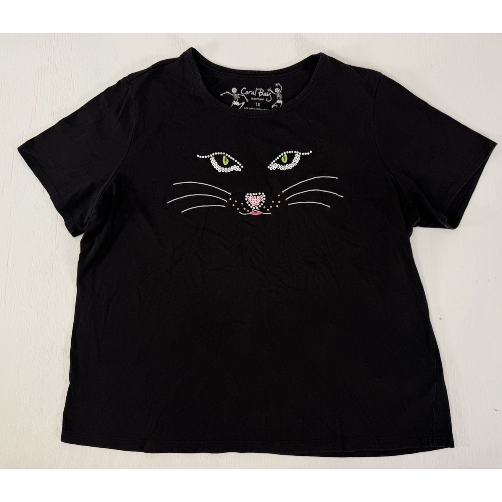 Coral Bay Black short Sleeve Rhinestone Cat Face Blouse Top Woman 1X Halloween